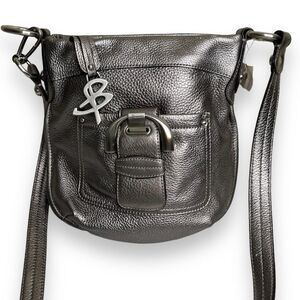 New With Flaws B Makowsky Gunmetal Metallic Pebble Leather Crossbody Handbag